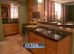 A DIY kitchen, newly re-modeled with RiverRun's Dalton Sable cabinets (picture taken from Kitchen Impossible epsidoe703).